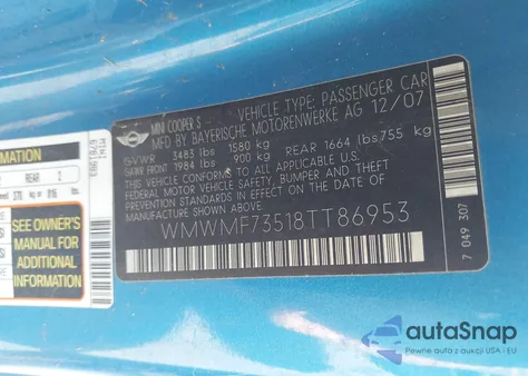 2008 Mini Cooper S from USA, damaged, VIN WMWMF73518TT86953